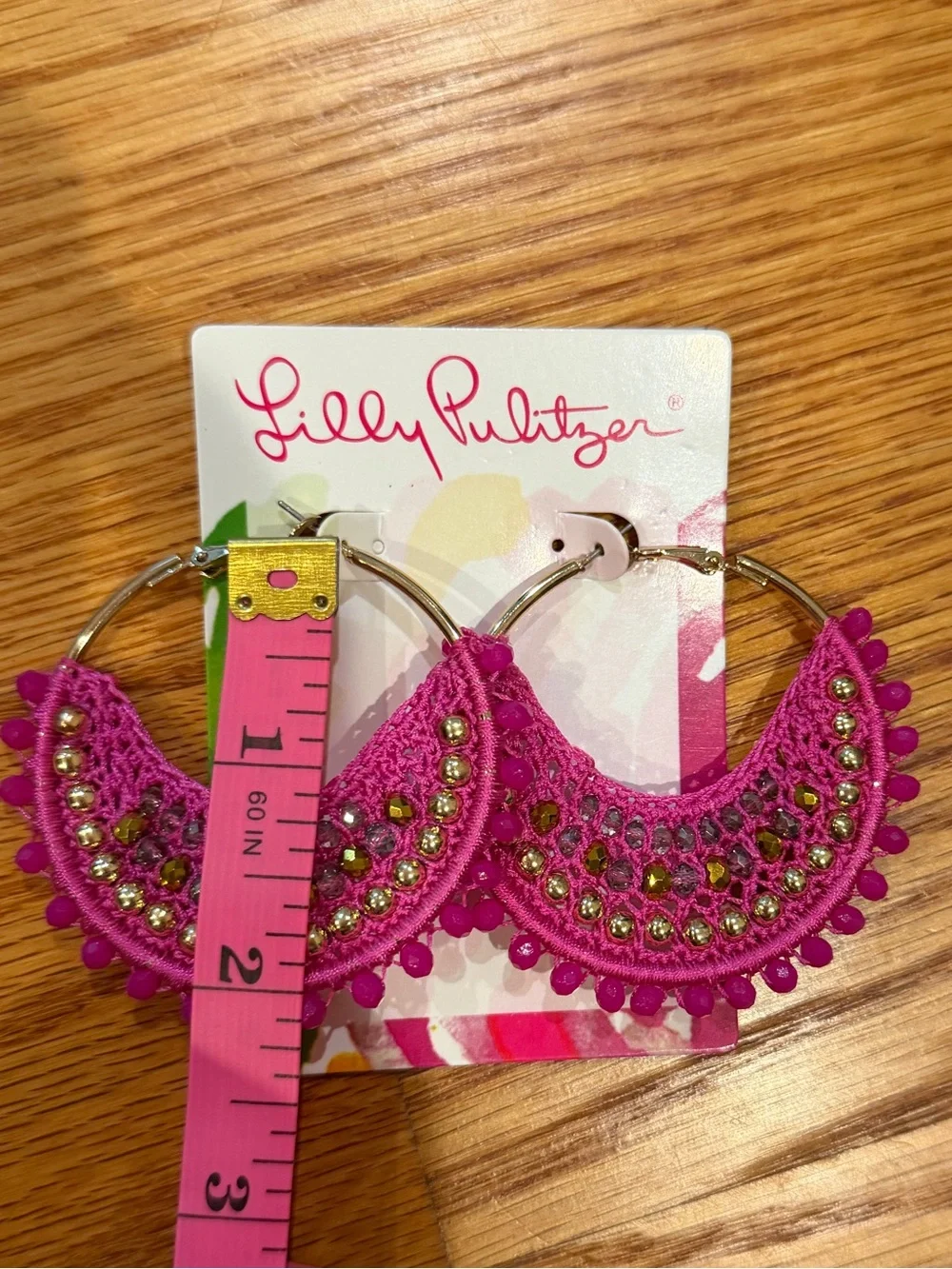 New Lilly Pulitzer Bougainvillea Pink Crochet & Bead Hoop Statement Earrings